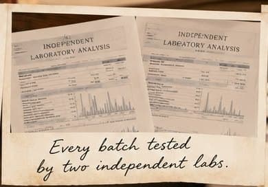Polaroid of two independent laboratory analysis reports, captioned: Every batch tested by two independent labs.