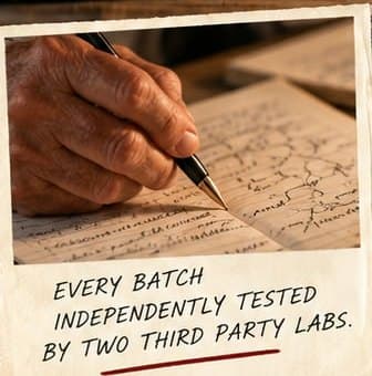Polaroid of Walter writing notes by hand, captioned: Every batch independently tested by two third party labs.